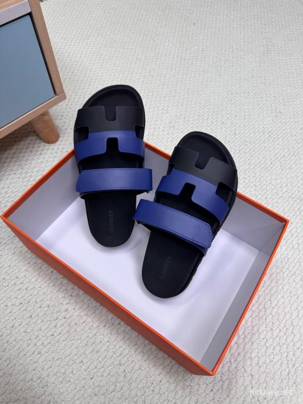 2025 Slippers Hermès Blue Black Leather Slippers