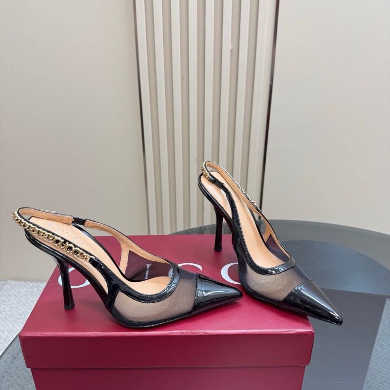 2025 Women Gucci Black Mesh Chain Strap High Heel Pumps KFY00300(F)