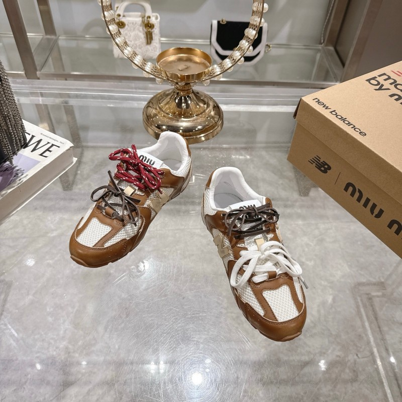 2025 Women Miumiu Brown White Leather Mesh Sneakers
