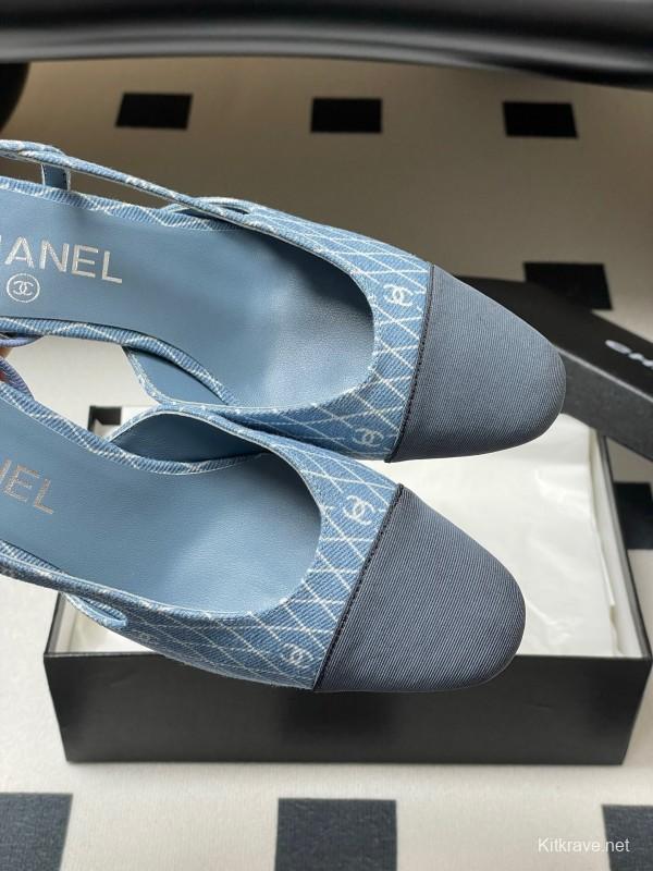2025 Women Chanel Light Blue Denim Leather Sling-back Heels