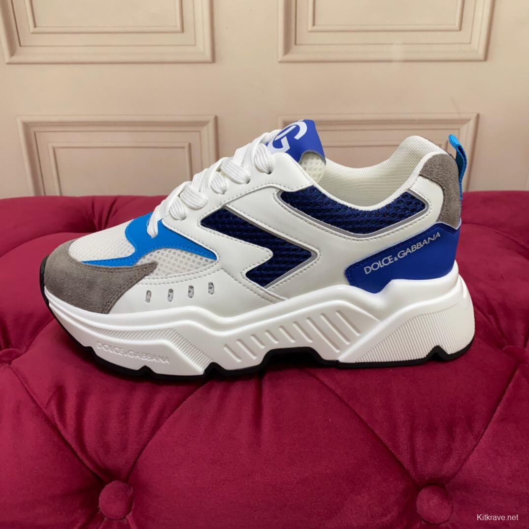 2025 Unisex Dolce & Gabbana White Blue Grey Mesh Leather Sneakers LY00330(F)/LY00340(M)