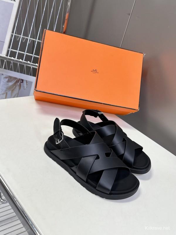 2025 Women Hermès Black Leather Sandals
