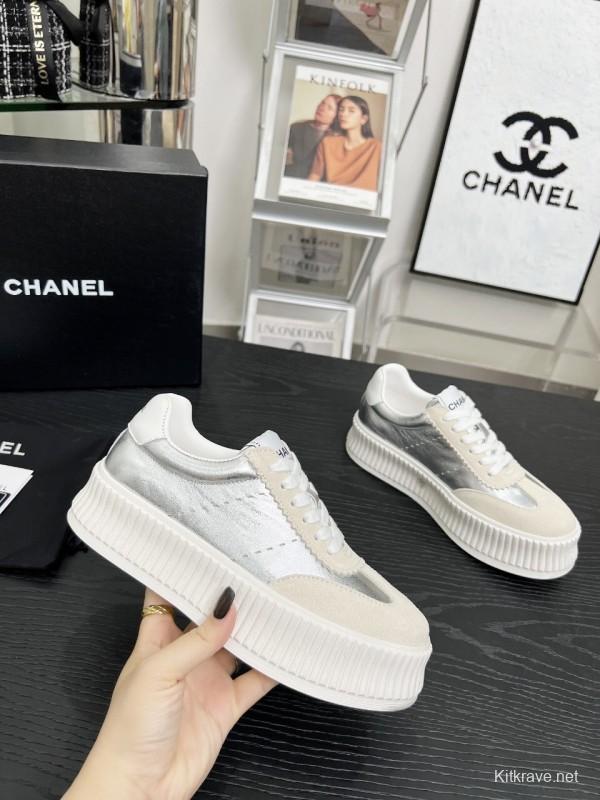 2025 Women Chanel White Silver Suede Leather Sneakers LY00270