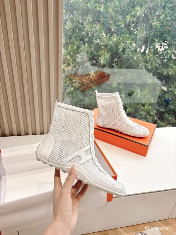 2025 Women Hermès White Leather Mesh Ankle Boots