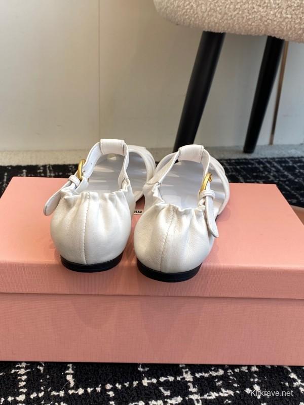 2025 Women Miu Miu White Calf Leather Flat Sandals