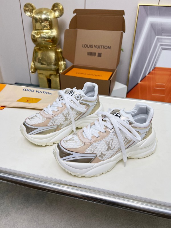 2025 Women Louis Vuitton White Beige Mesh Leather Sneakers LY00340