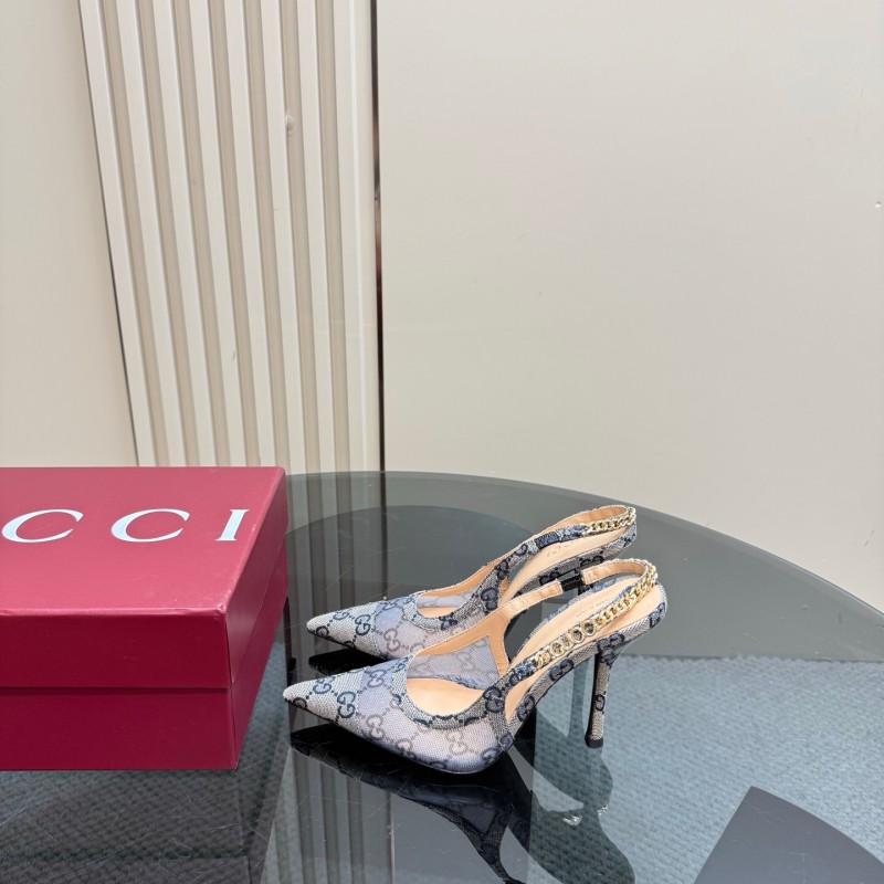 2025 Women Gucci White Mesh Slingback Heels With Crystal Chain Detailing KFY00300(F)