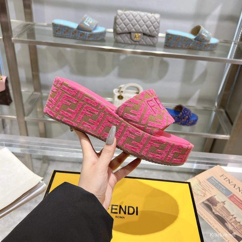 2025 Women Fendi Pink Canvas Slippers FF Jacquard KFY00240