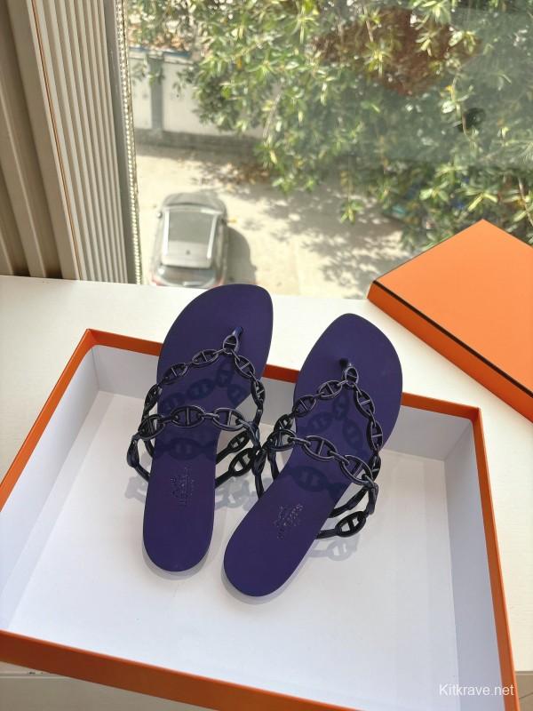 2025 Women Hermès Purple Rubber Chain Thong Sandals LY00360(F)