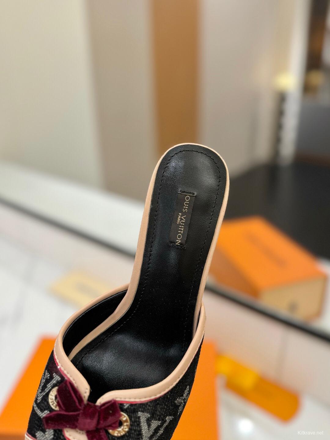 2025 Women Louis Vuitton Black Beige Canvas Kitten Heel Bow KFY00310