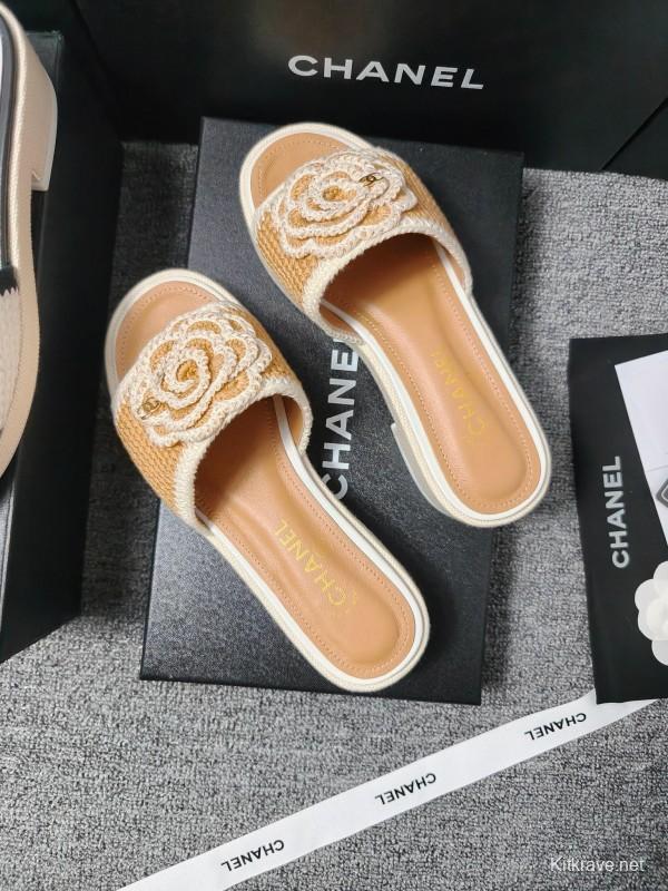 2025 Slippers Chanel Beige White Crochet Flower LY00260