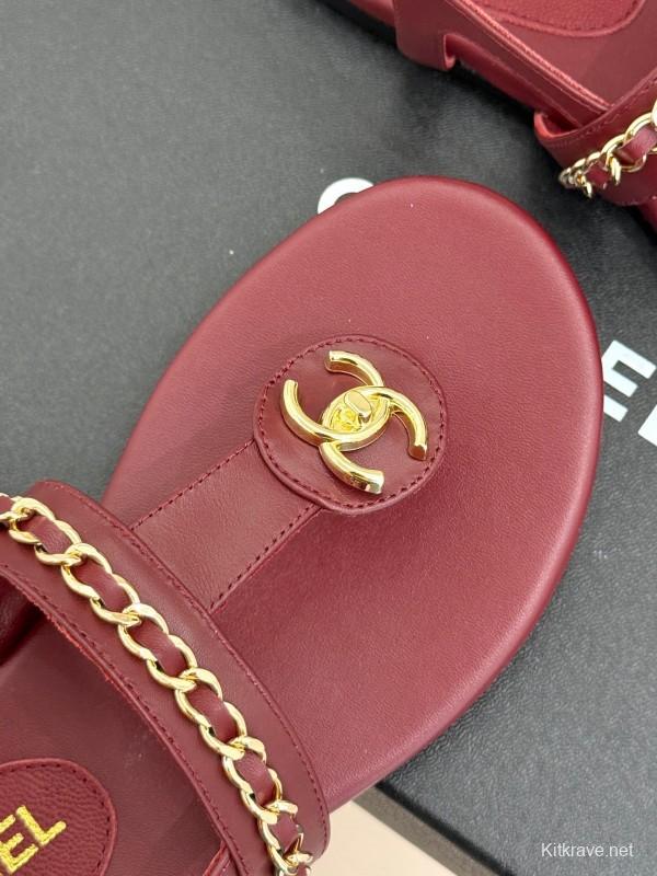 2025 Women Chanel Red Leather Sandals Chain Decoration