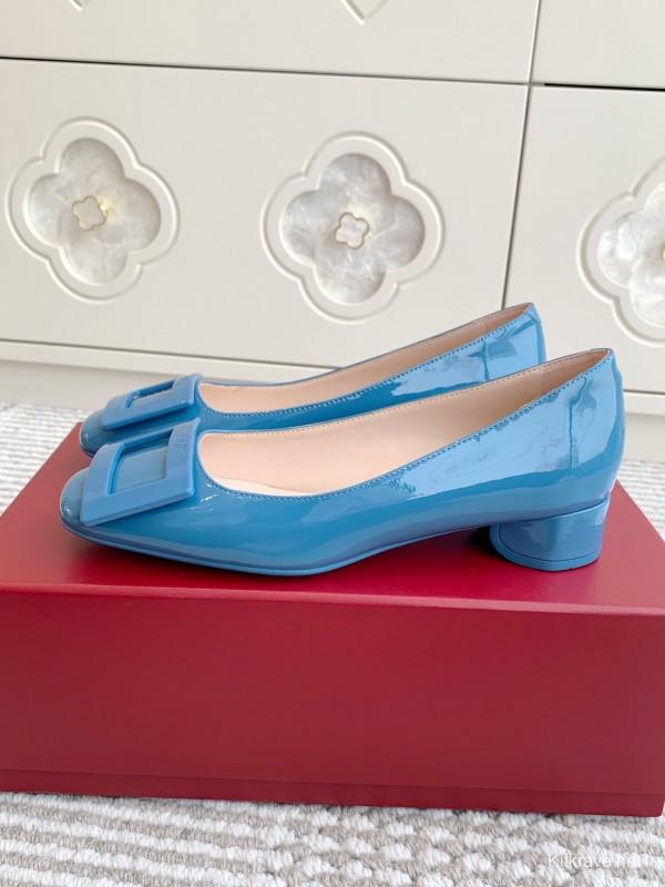 2025 Women Roger Vivier Blue Patent Leather Ballet Flat Square Buckle KFY00310