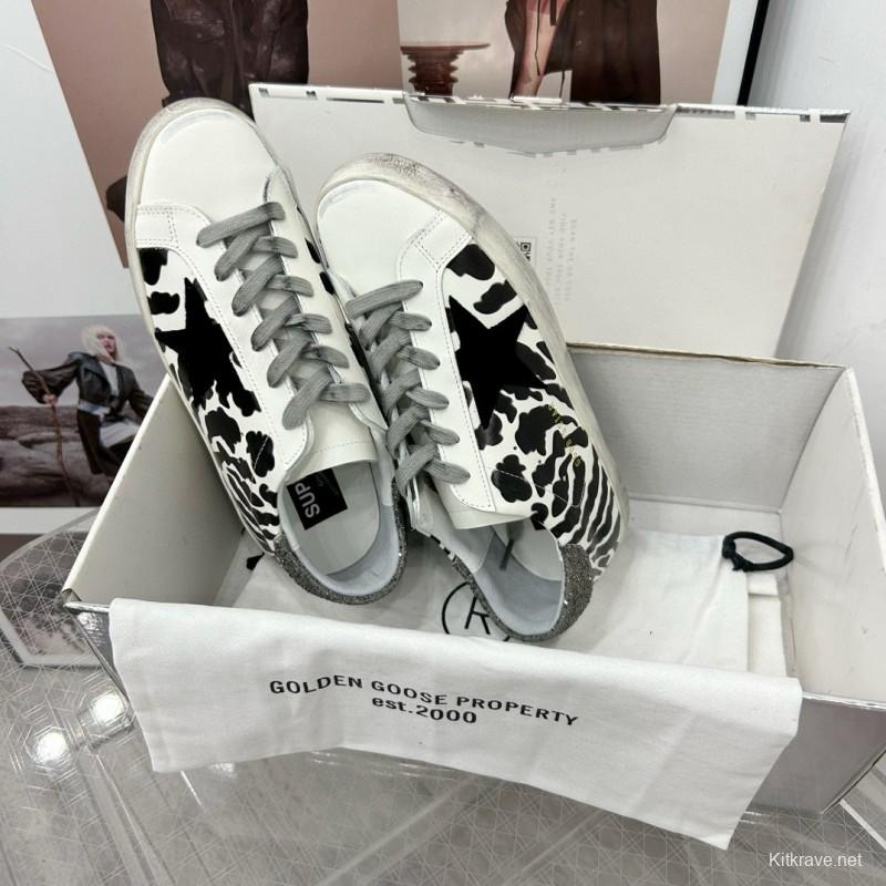 2025 Women GGDB Black White Leather Cow Print Sneakers