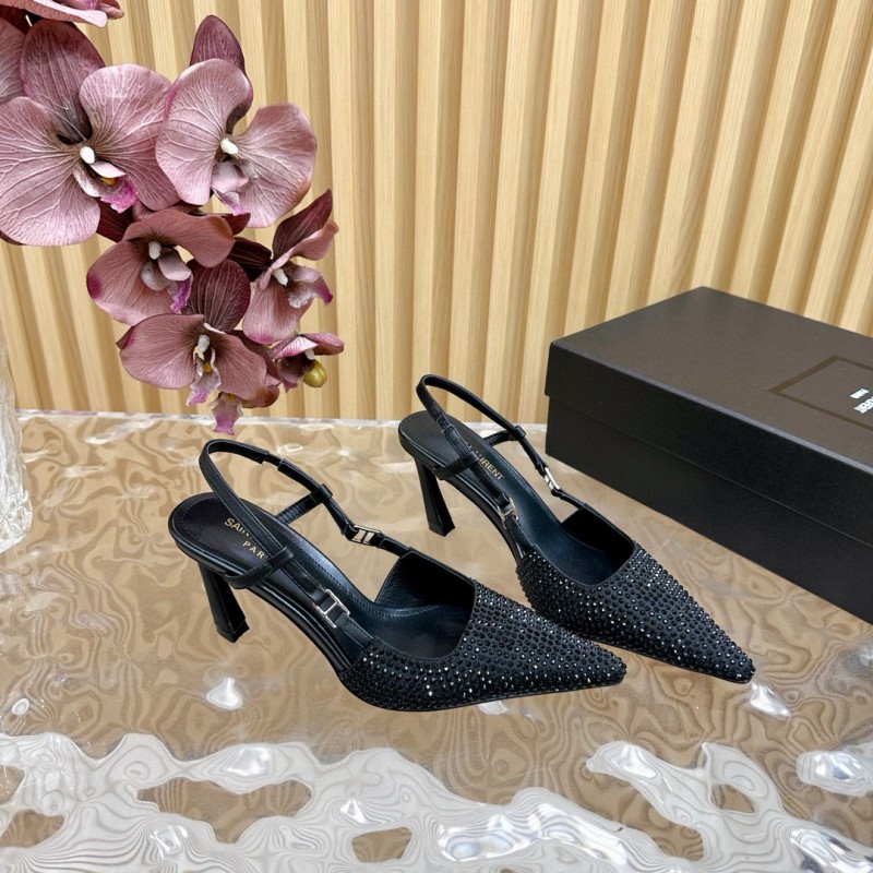 2024 Women Yves Saint Laurent Black Silk Slingback Heels MJ00320