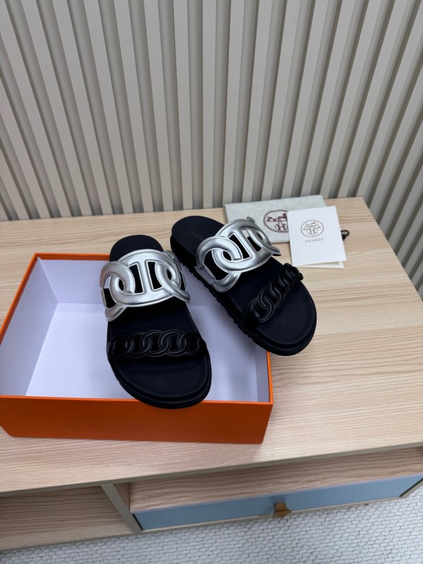 2025 Slippers Hermès Silver Black Leather Chain Decoration