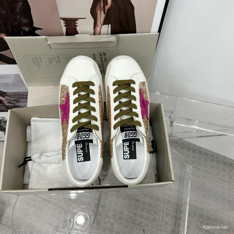 2025 Women GGDB White Gold Pink Glitter Leather Sneakers