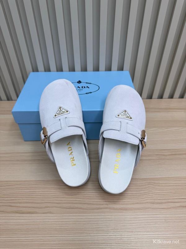 2025 Slippers Prada Light Gray Suede Slippers LY00280