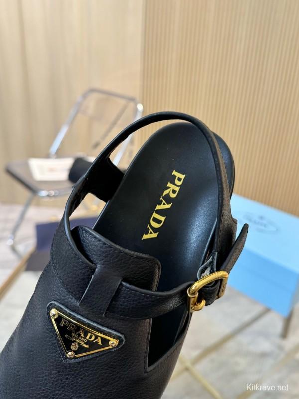 2025 Women Prada Black Leather Sandals LY00280