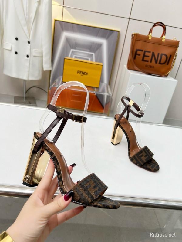 2025 Women Fendi Brown Leather Suede High Heel Sandals