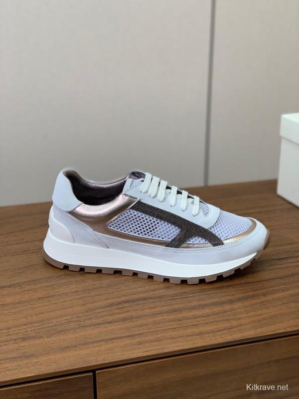 2025 Women Brunello Cucinelli White Silver Mesh Leather Sneakers