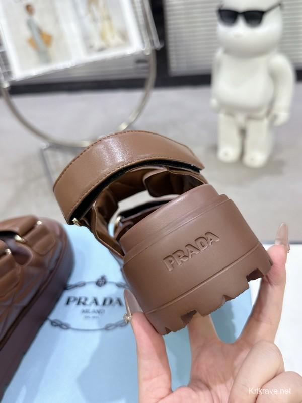 2025 Women Prada Brown Leather Sandals
