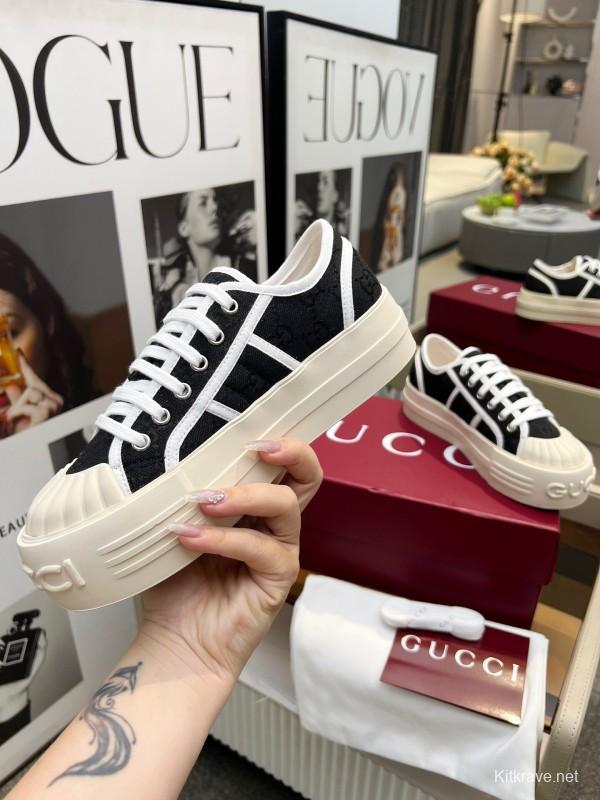 2025 Women Gucci Black White Canvas Platform Sneakers LY00270