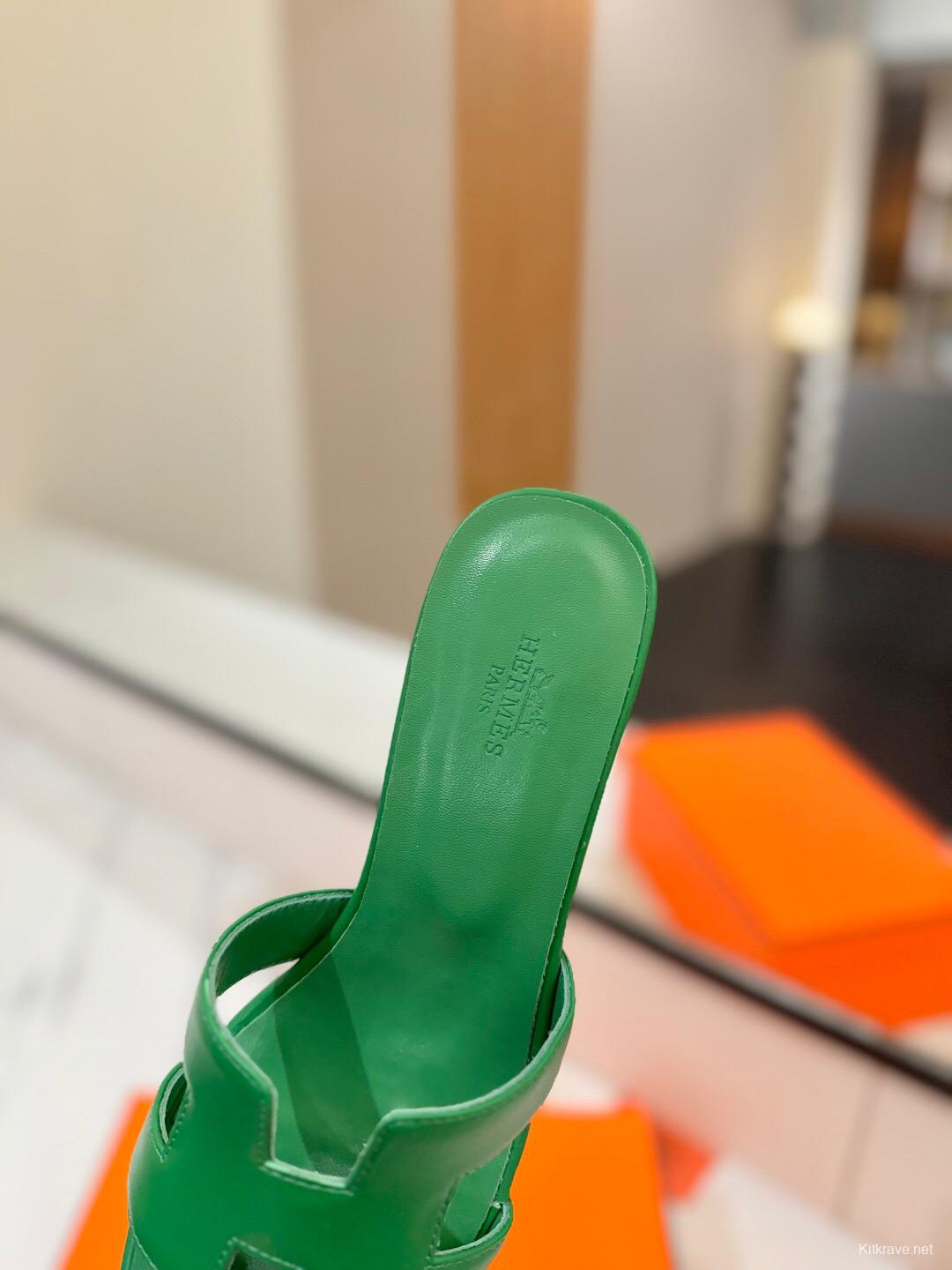 2025 Women Hermès Green Leather Sandal