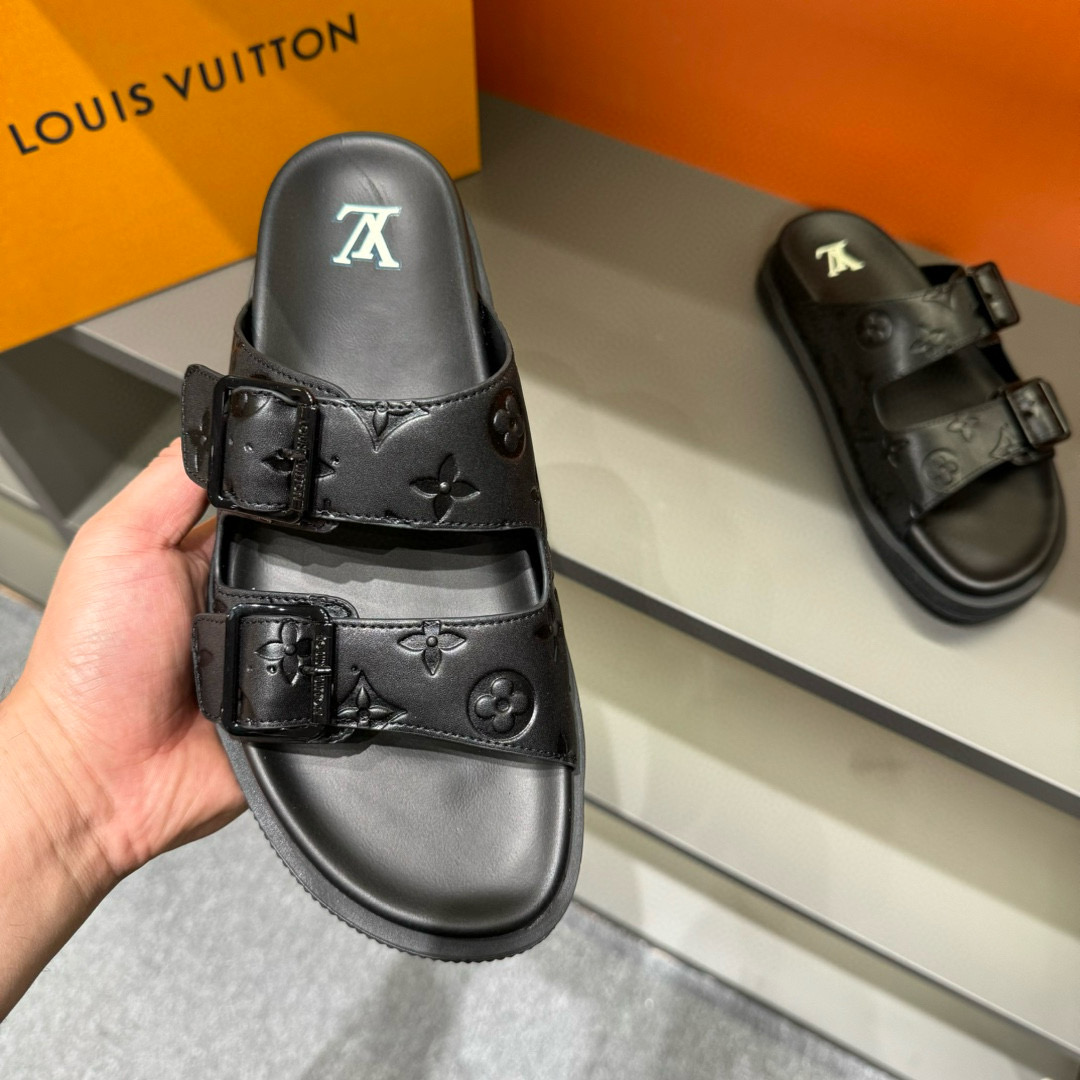 2024 Slippers Louis Vuitton Black Leather Slippers