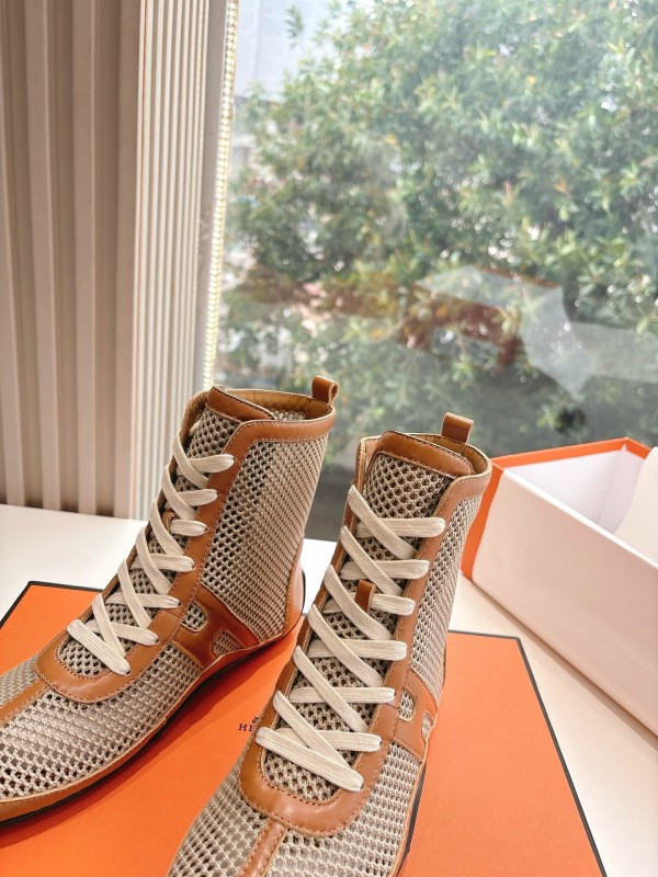 2025 Women Hermès Beige Brown Leather Mesh Boots
