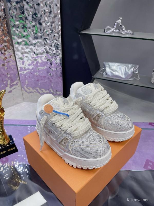 2024 Unisex Louis Vuitton White Silver Leather Trainers Crystal Embellished MJ00430