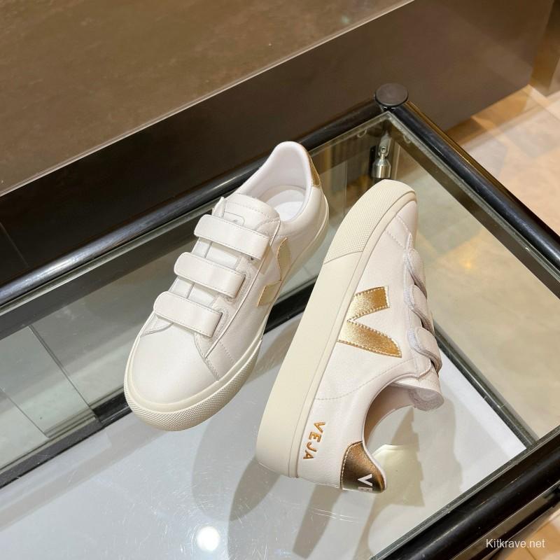 2025 Women VEJA White Gold Leather Strap Sneakers