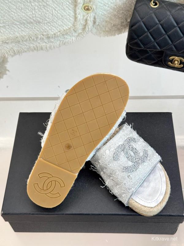 2025/Women Chanel White Lace Espadrille Slides Handmade Craft KFY00240(F)