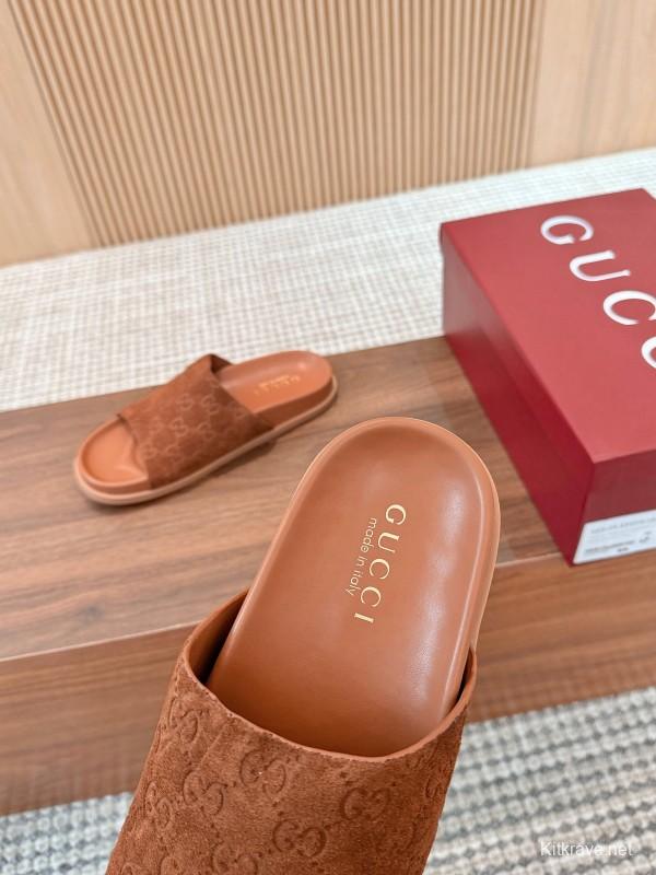 2025 Women Gucci Brown Suede Leather Slippers