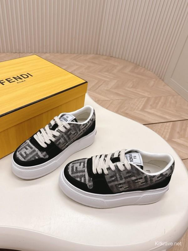 2025 Women Fendi Black Grey Leather Suede Sneakers LY00340