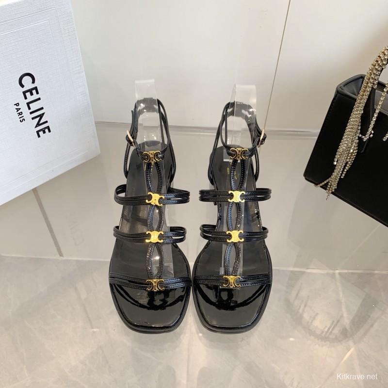 2025 Women Celine Black Patent Leather Sandals