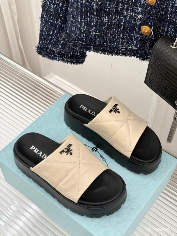 2025 Women Prada Beige Leather Platform Sandals