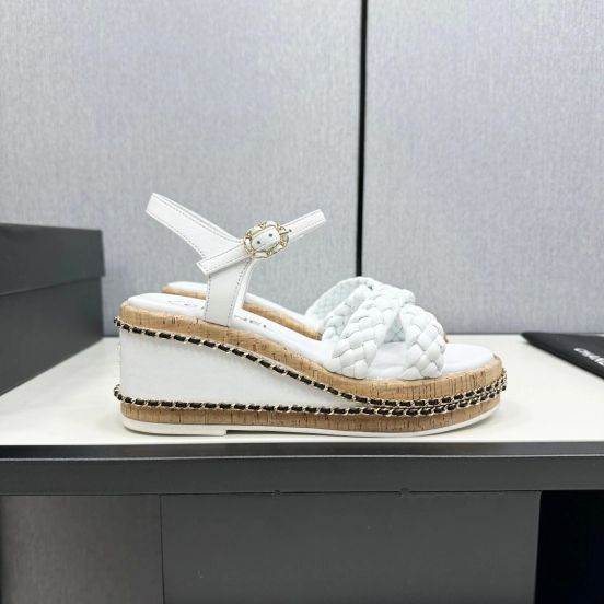 2025 Women Chanel White Leather Wedge Sandals