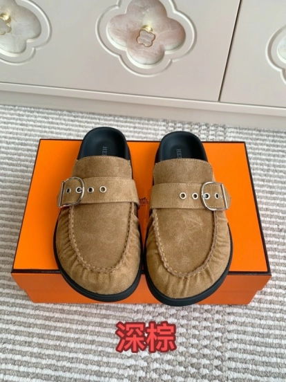 2025 Women Hermès Deep Brown Suede Mule Buckle KFY00290