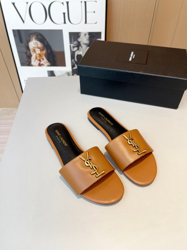 2025 Women Yves Saint Laurent Light Brown Leather Slippers LY00180