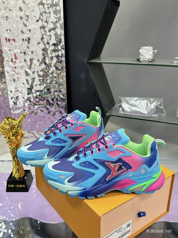 2025 Men Louis Vuitton Blue Pink Green Mesh Leather Sneakers MJ00420