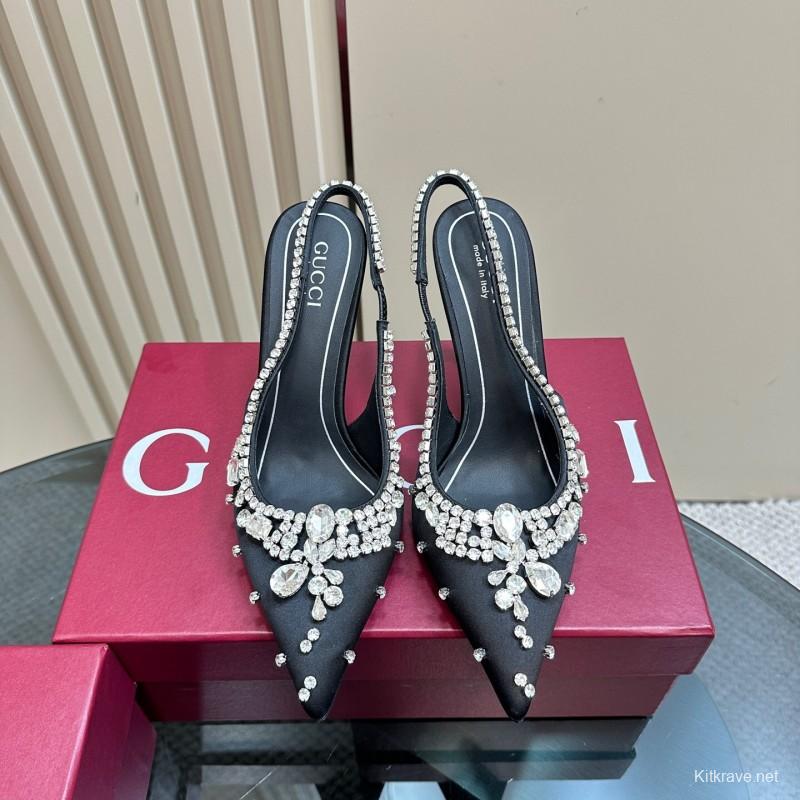 2025 Women Gucci Black Satin Crystal Embellished Slingback Heels