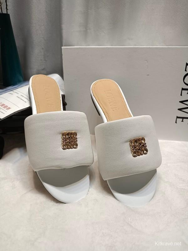 2025 Women Loewe White Leather Slippers LY00260