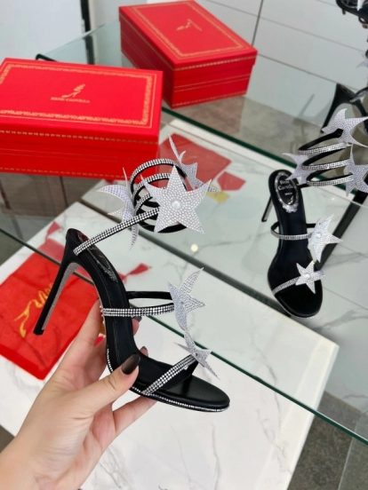 2025 Women RC Black Silver Silk Crystal High Heel Spiral Lace Sandals LY00340