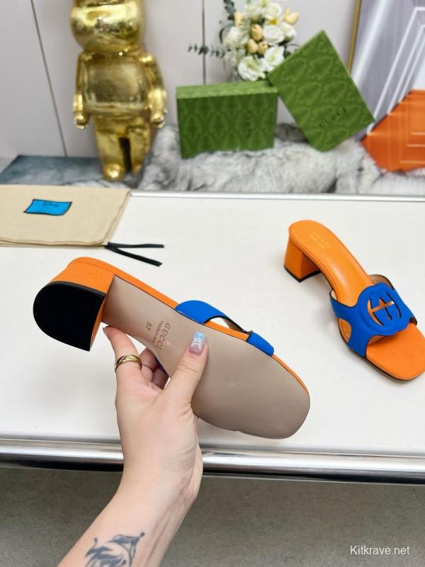 2025 Gucci Orange Blue Leather Slippers