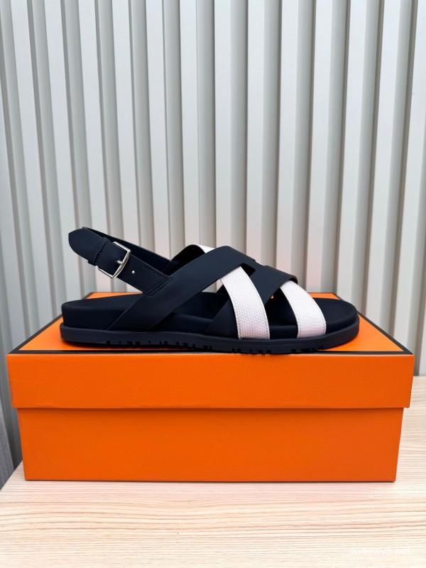 2025 Women Hermès Black Pink Leather Sandals LY00270