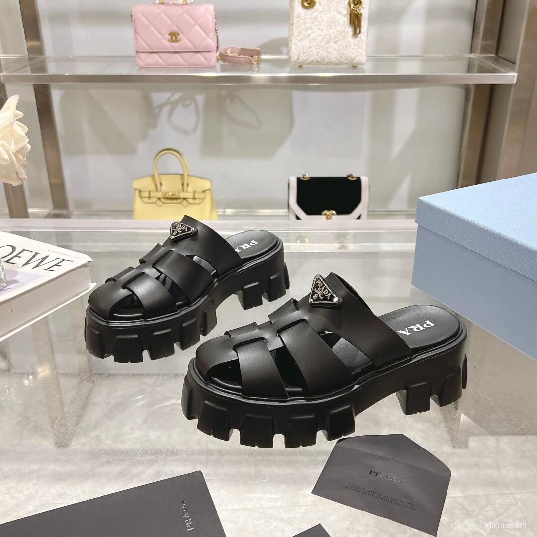 2025 Women Prada Black Leather Slingback Sandals LY00250
