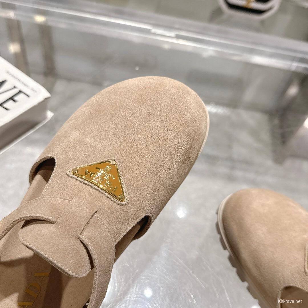 2025 Women Prada Beige Suede Slingback Flat LY00270