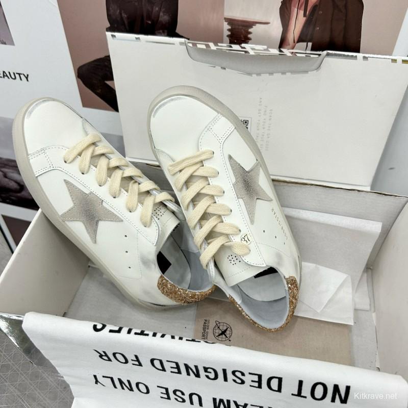 2025 Women GGDB White Grey Glitter Leather Sneakers