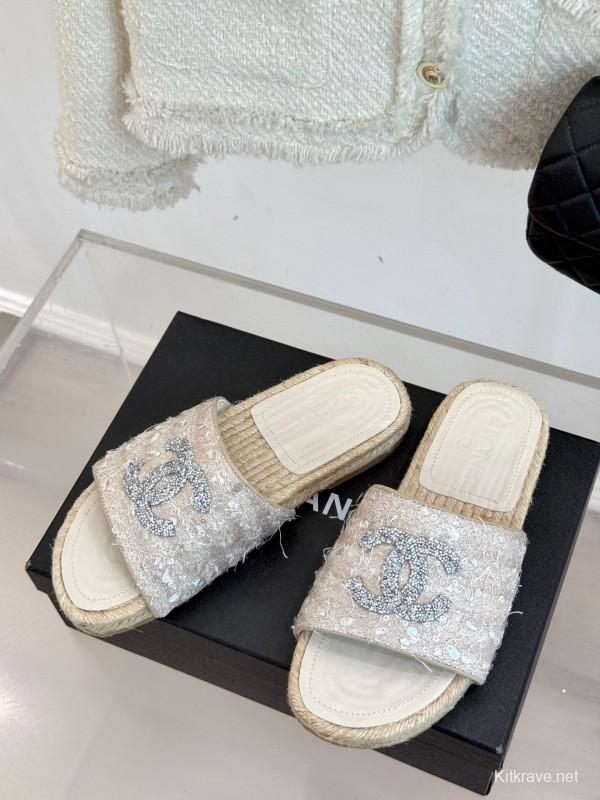 2025/Women Chanel White Lace Espadrille Slides With Sequined CC Logo KFY00240(F)